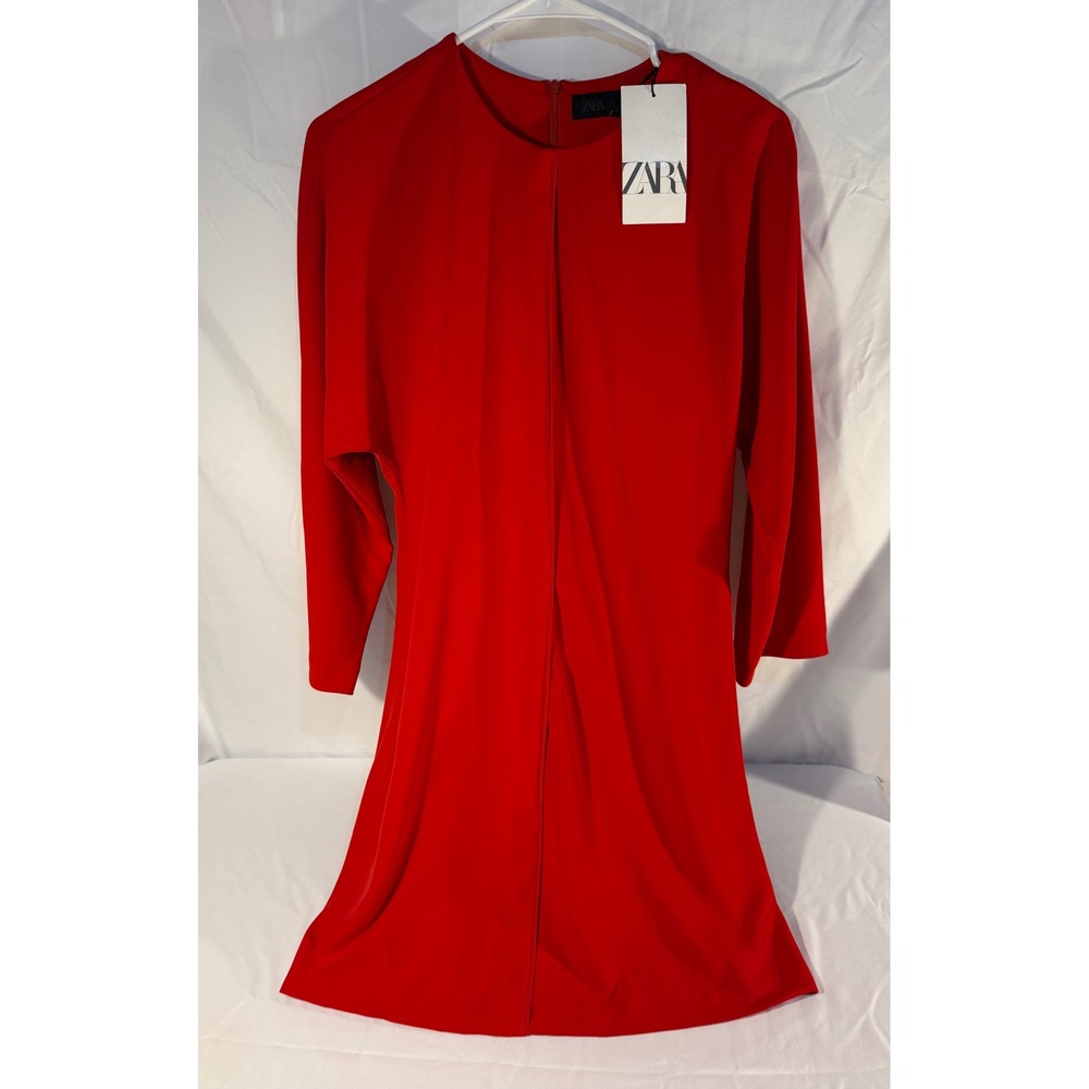 Zara Red Long Sleeve Pleated Front Mini Dress Round Neck 2249/782 Small NWT